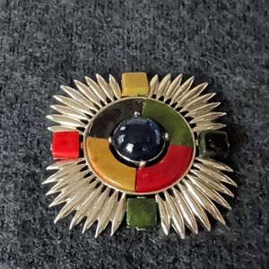 Vintage Gold Tone Sunburst Medallion Brooch Domed Cabochons In Geometric Design